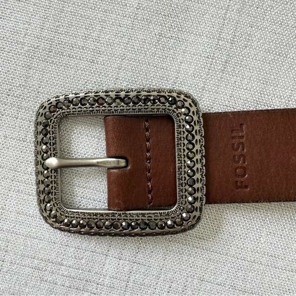 Fossil Beaded Classic Leather Brown Women’s Belt Rhinestone Buckle Size M - Picture 8 of 10